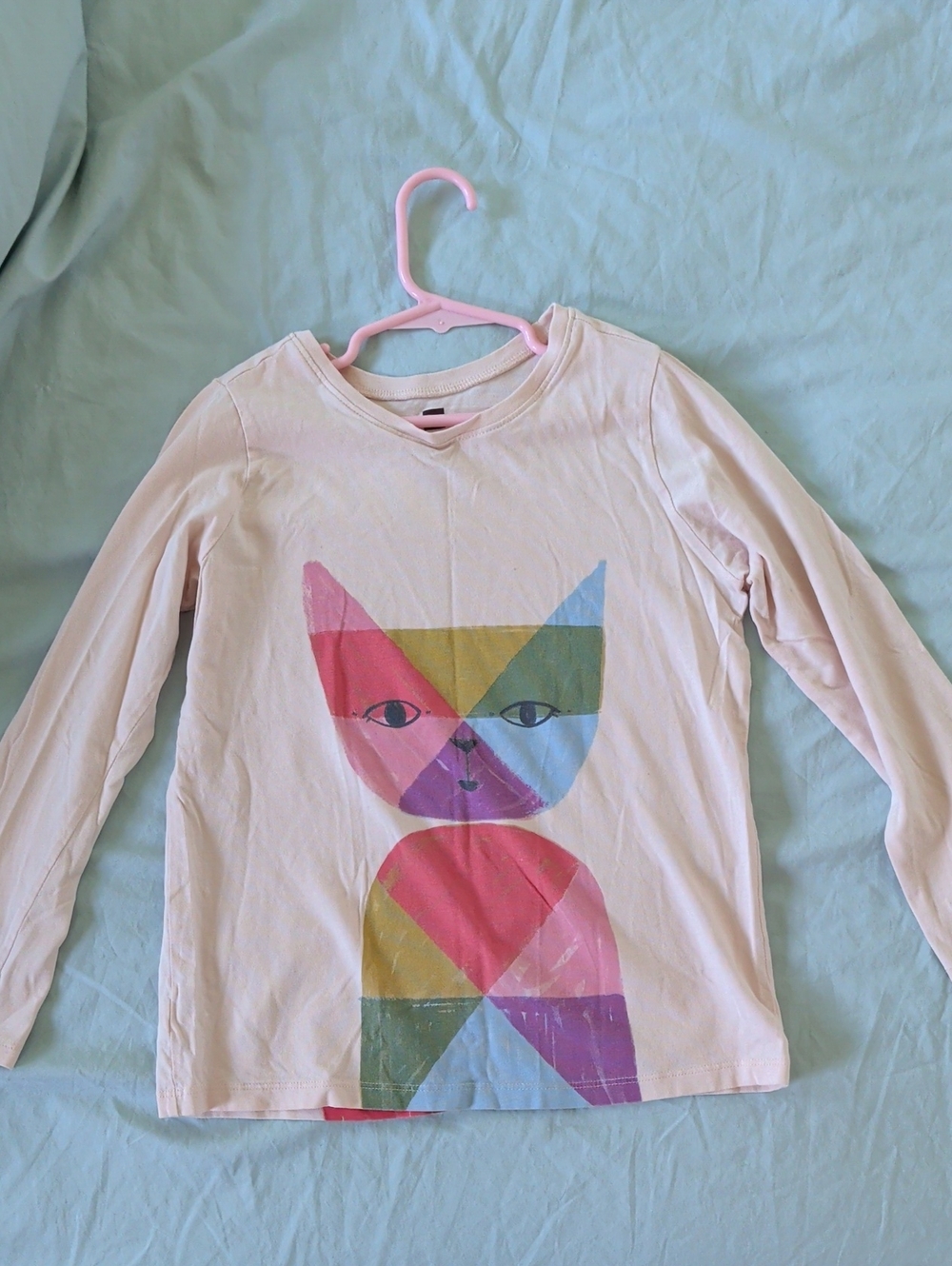 Tea Collection Girls Light Pink Long-Sleeve Tee with Geometric Cat, Size 8